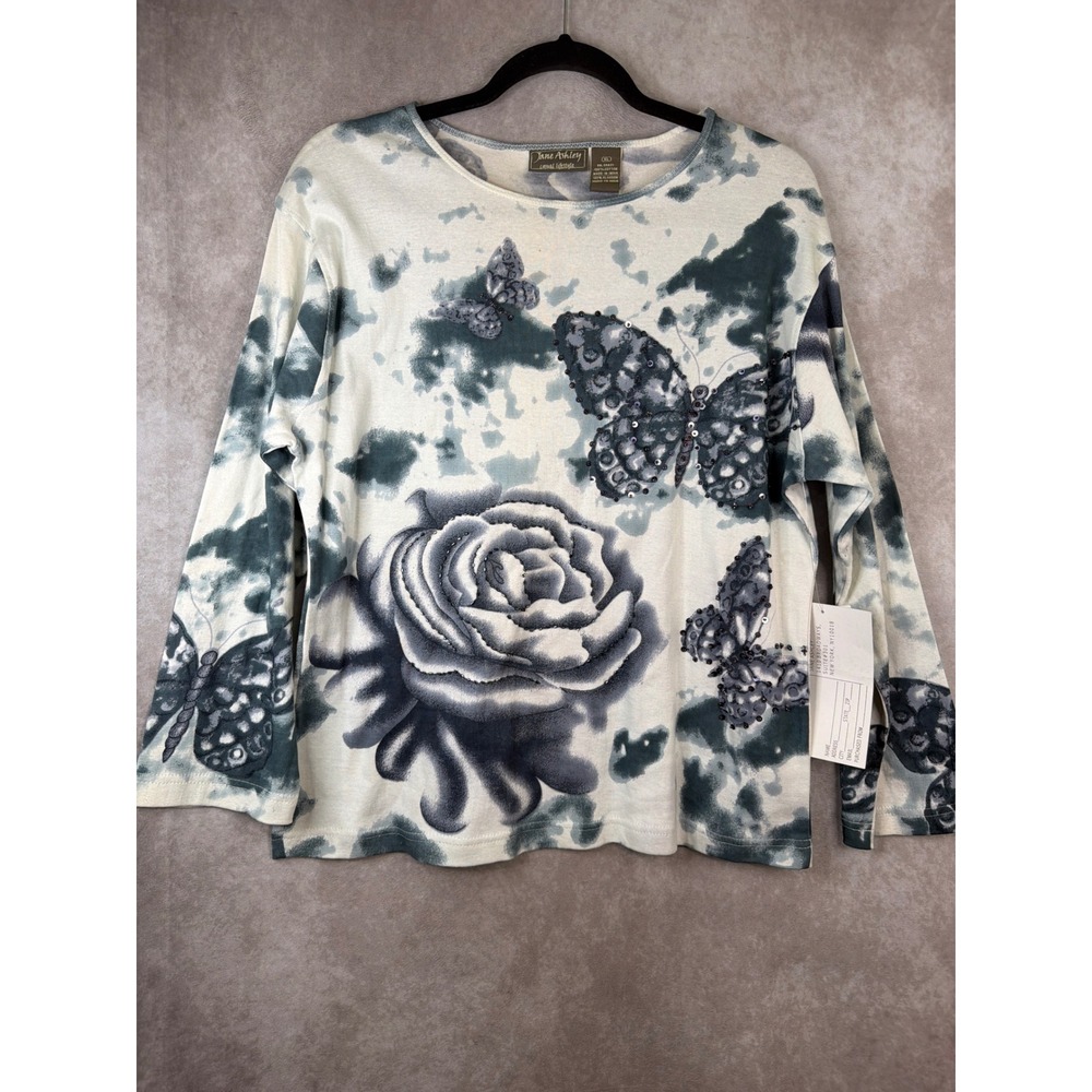 NWT VTG Jane Ashley Top‎ Women XL Grey Tie-Dye Butterfly Rose Sequin Long Sleeve
